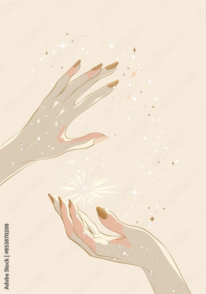 The night sky and hands are mystic illustrations in a minimalist modern style. This is a Tarot card illustration.