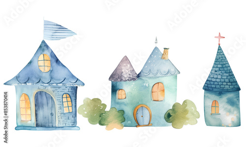 Fairy houses. Set of scandinavian childish houses. Cute watercolor castle. Watercolor kingdom.