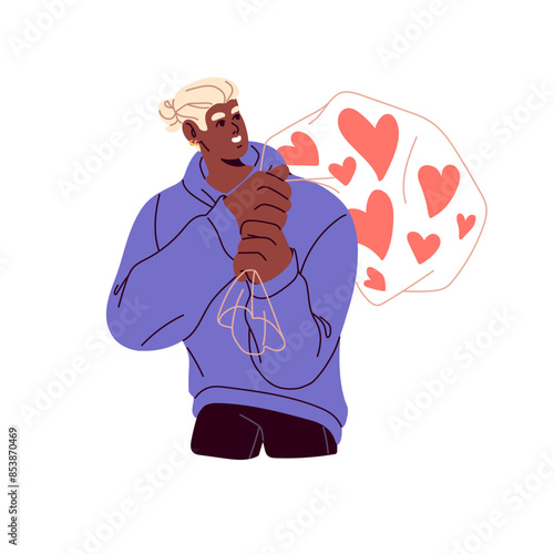 Happy guy carrying bag of hearts on shoulder. Romantic young man with pack of love, tender feelings. Person with gifts for St. Valentine Day. Flat isolated vector illustration on white background