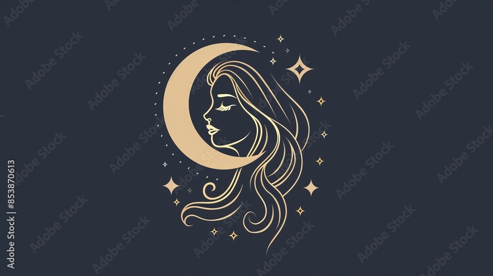An abstract logo template featuring a mysterious woman goddess witch portrait framed by a half moon and bright star An abstract logo template featuring a mysterious woman goddess witch portrait framed by a half moon and bright star