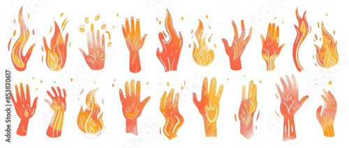 The hands of a human are shown with a flame or a fire in a retro flat style. Collection of modern illustration for tattoo and print. Vintage color compositions with a vintage feel. © Mark