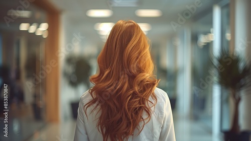 Photo of a ginger woman with long hair in a white shirt standing at the corridor of an office building interior with a blurred background