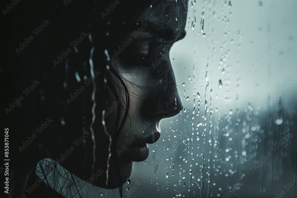 Profile of a woman standing by a rain-soaked window, deep in thought. The mood is somber, highlighted by the darkness and rain outside. Profile of a woman standing by a rain-soaked window, deep in thought. The mood is somber, highlighted by the darkness and rain outside.