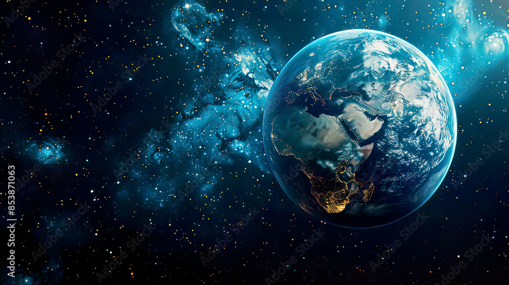 Hyper-realistic image of planet Earth seen from space intricate details of the surface and world map and sharp colors star-filled black precise and vivid lighting Hyper-realistic image of planet Earth seen from space intricate details of the surface and world map and sharp colors star-filled black precise and vivid lighting