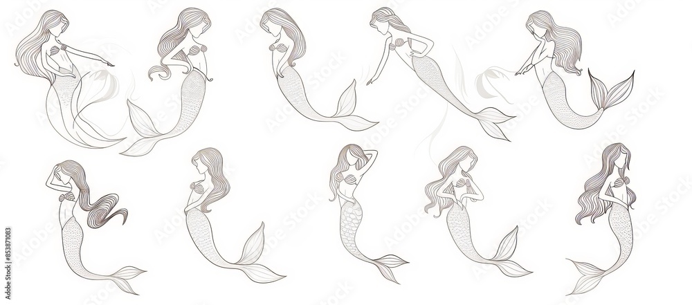 The collection of mermaid line art depicts elegant mermaids in different poses and expressions, perfect for tattoos, coloring books, fantasy mermaid illustrations. Showcasing elegance, aquatic The collection of mermaid line art depicts elegant mermaids in different poses and expressions, perfect for tattoos, coloring books, fantasy mermaid illustrations. Showcasing elegance, aquatic