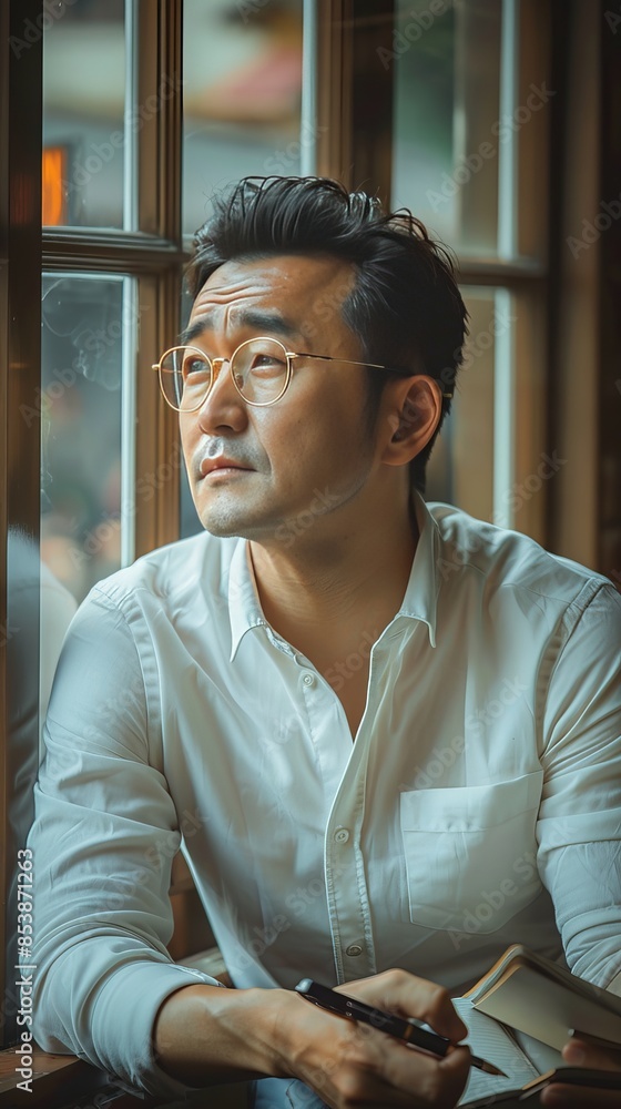 A middle-aged handsome Asian male, around 35 years old, sat by the window, looking out and thinking, with a smile on his face, wearing gold framed glasses, holding a pen in one hand and a notebook in A middle-aged handsome Asian male, around 35 years old, sat by the window, looking out and thinking, with a smile on his face, wearing gold framed glasses, holding a pen in one hand and a notebook in