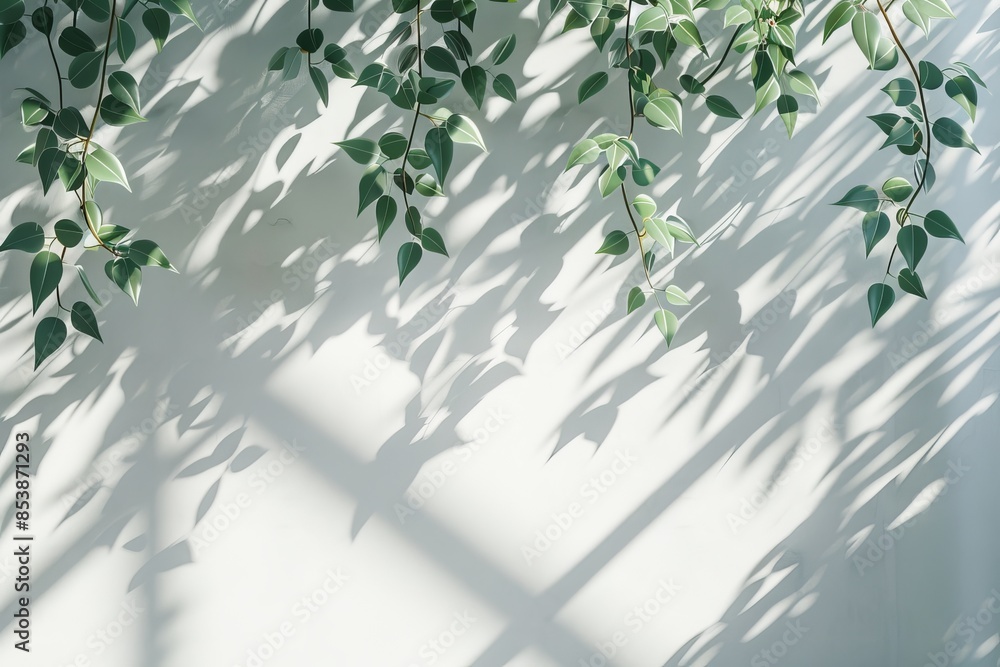 Abstract background with hanging leaves shadow on white wall, empty space for product presentation display mockup, sunlight and shadows Abstract background with hanging leaves shadow on white wall, empty space for product presentation display mockup, sunlight and shadows