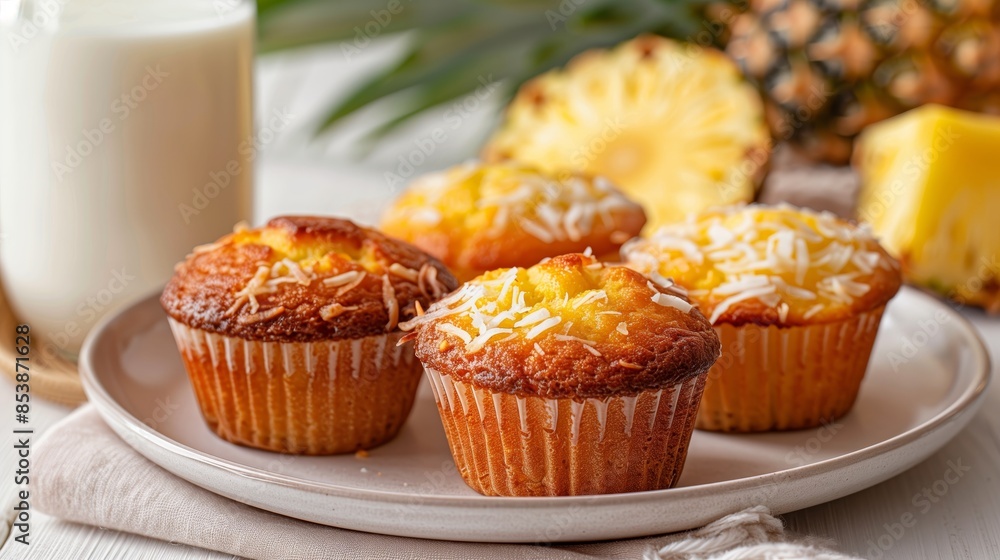 Sorting plate with delicious pineapple and coconut muffins on a white wooden table Sorting plate with delicious pineapple and coconut muffins on a white wooden table