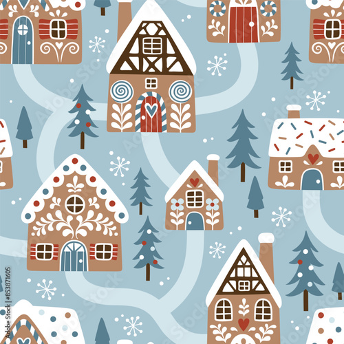Seamless vector pattern with hand drawn gingerbread houses and Christmas trees. Snowy landscape with winter village.  Perfect for textile, wallpaper or print design.