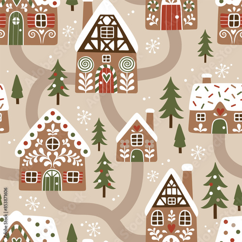 Seamless vector pattern with hand drawn gingerbread houses and Christmas trees. Snowy landscape with winter village.  Perfect for textile, wallpaper or print design.