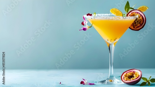 Vibrant Tropical Cocktail with Citrus and Passion Fruit Garnish in Martini Glass