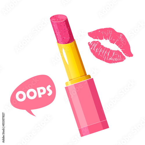 Bright pink glitter lipstick with lipstick kiss and dialog frame isolated on white background.
