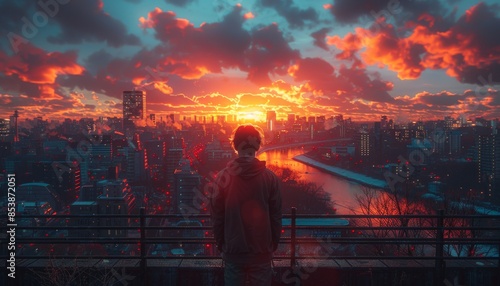 handsome man, with his back turned, on a balcony, looking at the skyline of a city, with a sky in the background, in pastel tones, at a 45Âº angle, photorealistic, full hd 8k rendering, minimalist, hy