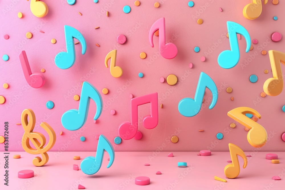 Close-up pink wall with musical notes and confetti Close-up pink wall with musical notes and confetti