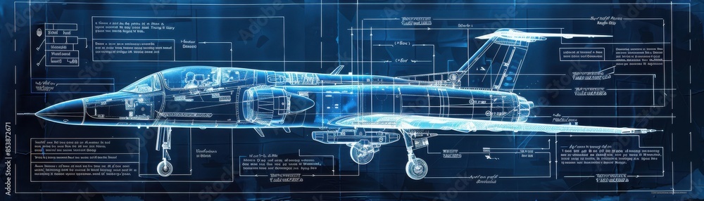 A detailed blueprint of a futuristic jet aircraft showcasing intricate ...