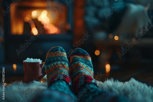 Warming up with a warm drink by a warm fireplace. Woman relaxing by the fire with a cup of hot drink while putting on woollen socks. Winter and Christmas holidays concept. photo