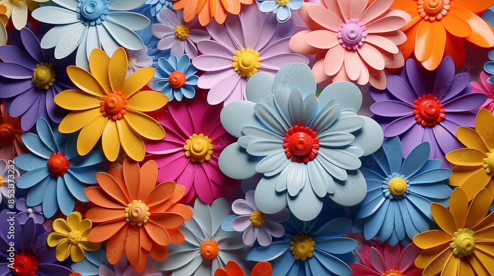 A vibrant and colorful close-up of various plastic flowers in shades of purple, blue, red, orange, and yellow, arranged in a dense pattern.