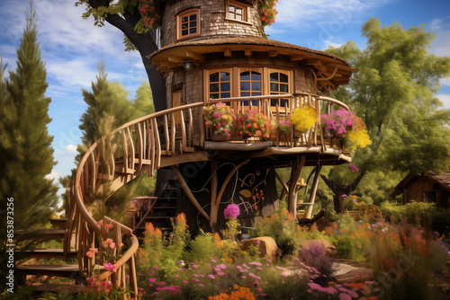 Fairy designed treehouse with a spiral staircase. Generative AI photo