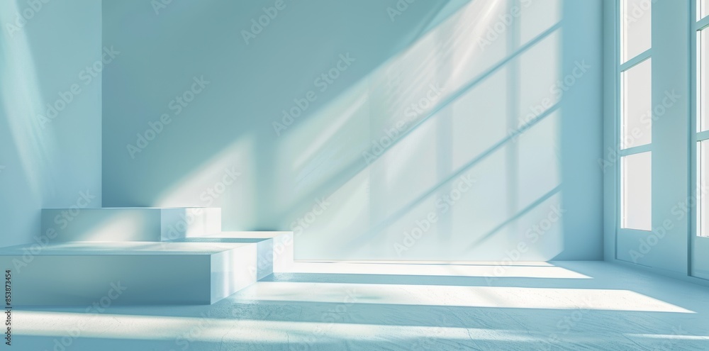For product presentation, minimalist abstract light blue background with intricate shadows from window. For product presentation, minimalist abstract light blue background with intricate shadows from window.