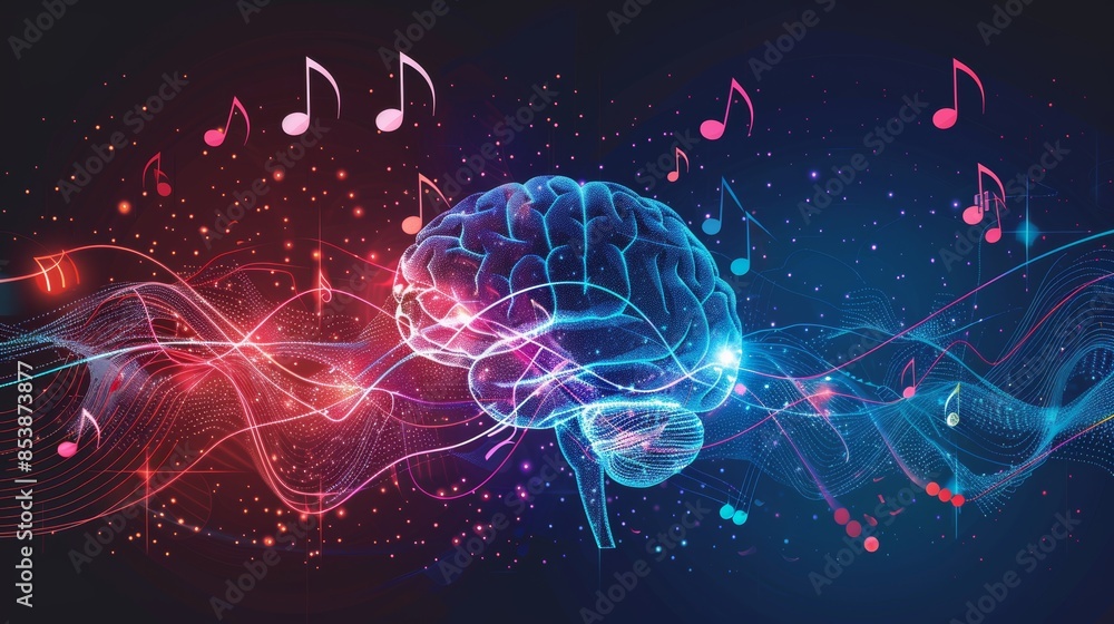 An abstract representation of a human brain, highlighted with musical notes and sound waves, illustrating the mental health benefits of sound therapy An abstract representation of a human brain, highlighted with musical notes and sound waves, illustrating the mental health benefits of sound therapy