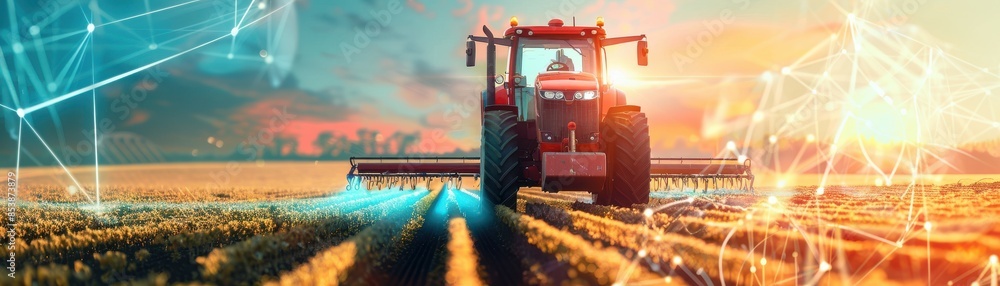 A modern tractor plowing a field at sunrise, representing the integration of technology and agriculture with digital networks. A modern tractor plowing a field at sunrise, representing the integration of technology and agriculture with digital networks.
