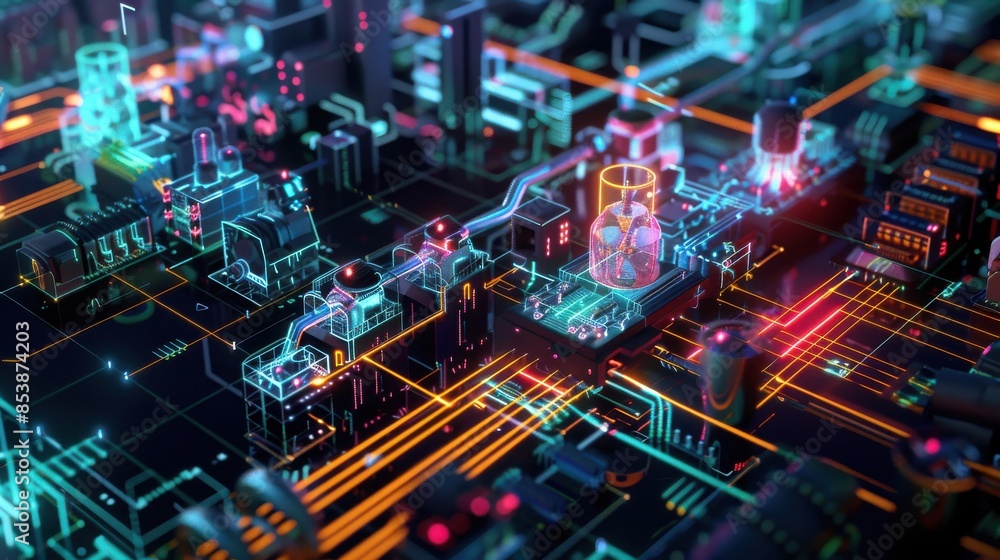 A vibrant and detailed abstract illustration of a futuristic circuit board, showcasing glowing pathways and complex electronic components. A vibrant and detailed abstract illustration of a futuristic circuit board, showcasing glowing pathways and complex electronic components.