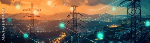 A vibrant cityscape with interconnected power lines and digital networks under a colorful sunset, symbolizing technology and energy industry. photo