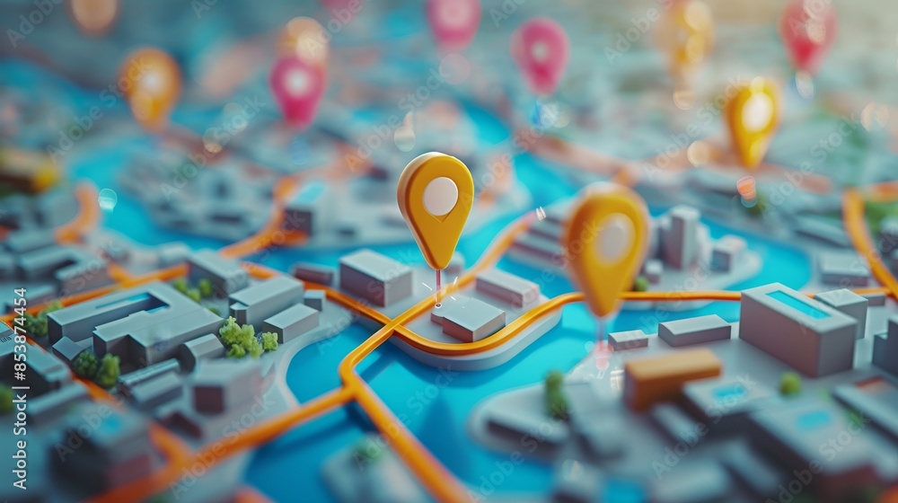 Business Location: A 3D vector illustration of a map with dynamic pins showing the real-time locations of businesses Business Location: A 3D vector illustration of a map with dynamic pins showing the real-time locations of businesses