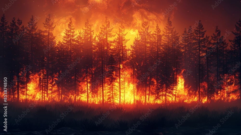 Climate Change: A 3D vector illustration of a forest on fire Climate Change: A 3D vector illustration of a forest on fire