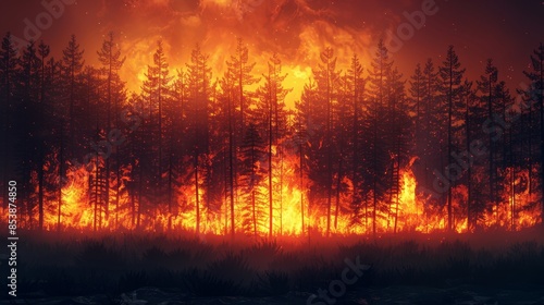 Climate Change: A 3D vector illustration of a forest on fire