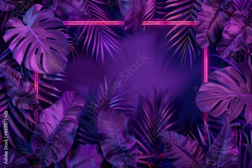 A fluorescent color layout of tropical leaves surrounded by a neon light square. A flat lay of nature. © Mark