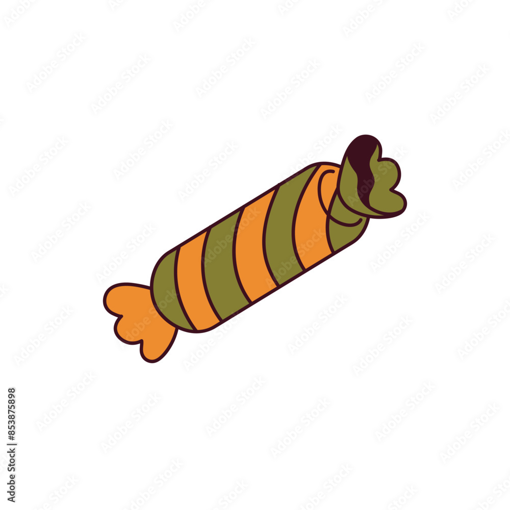 Chocolate candy in pack of patterned wrapping paper. Yummy sweet is wrapped in striped package. Confectionery, sugar food, dessert, treat icon. Flat isolated vector illustration on white background Chocolate candy in pack of patterned wrapping paper. Yummy sweet is wrapped in striped package. Confectionery, sugar food, dessert, treat icon. Flat isolated vector illustration on white background