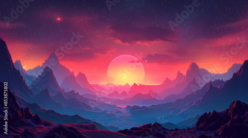 Stunning Sci-Fi Landscape with Vibrant Sunset and Alien Mountain Peaks Under a Starry Sky © Pornphan