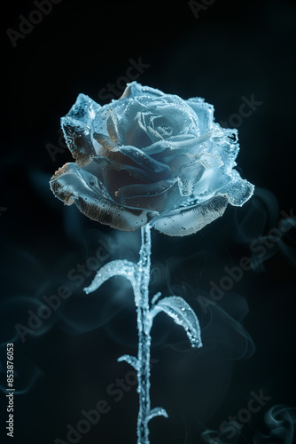 Blue ice rose with ice crystals Ice and steam smoke frozen with cold.