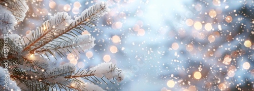 Widescreen background. Christmas tree decorated with garland lights. New year Winter border. Widescreen background. Christmas tree theme with garland lights.