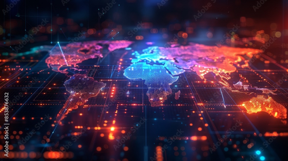 Digital World Map: A 3D vector illustration of a world map on a digital screen Digital World Map: A 3D vector illustration of a world map on a digital screen