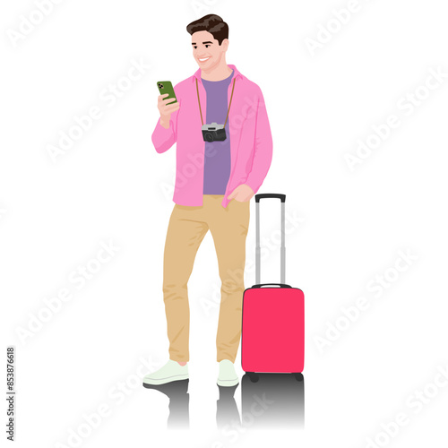 Young man tourist with camera and smartphone. Male in casual clothes with a suitcase. Young male traveler goes on a journey. Vector illustration isolated on white