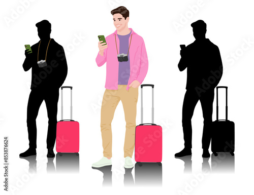 Young man tourist with camera and smartphone. Male in casual clothes with a suitcase. Young male traveler goes on a journey. Vector illustration isolated on white