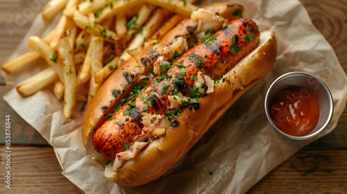 A mouthwatering lobster roll, perfectly grilled and wrapped in fresh oreganoblueel triangular bun bread with a side of golden french fries on the table.