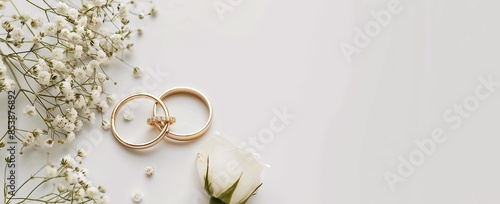 White background with pink flowers and golden wedding rings.