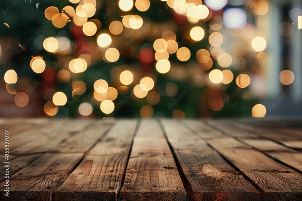 An empty wooden table as a backdrop for a Christmas holiday scene An empty wooden table as a backdrop for a Christmas holiday scene