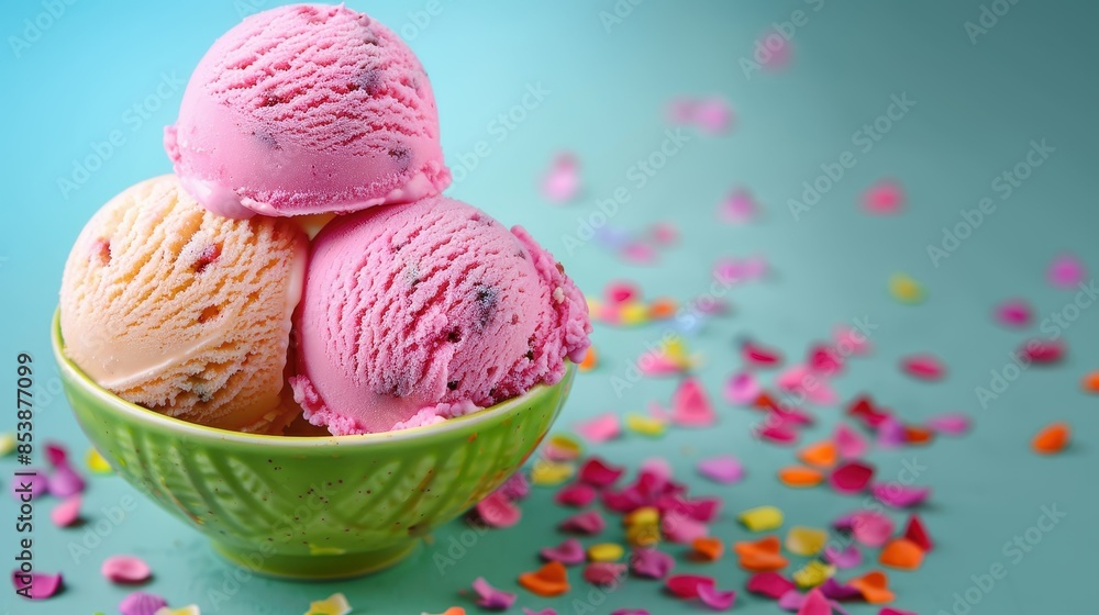 Bowl filled with multi-flavored ice cream scoops and decorated with colorful sprinkles Bowl filled with multi-flavored ice cream scoops and decorated with colorful sprinkles