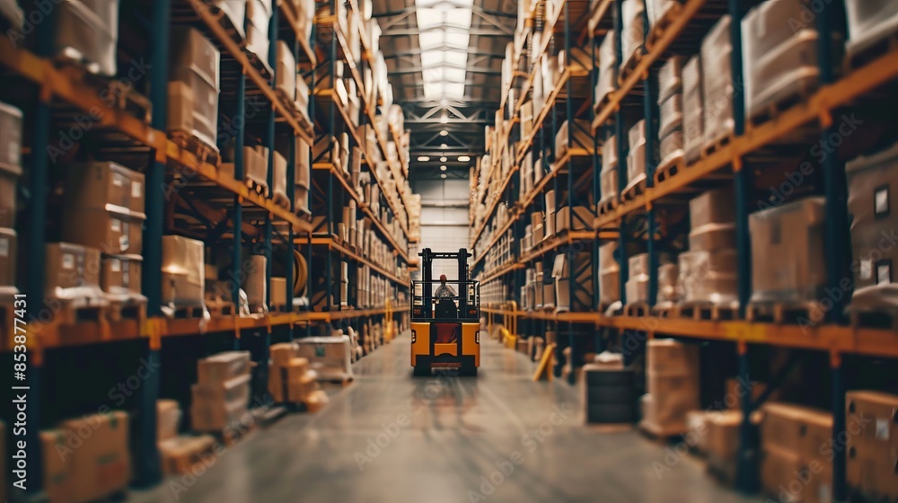 photo of Forklift lifting goods in a logistics warehouse photo of Forklift lifting goods in a logistics warehouse