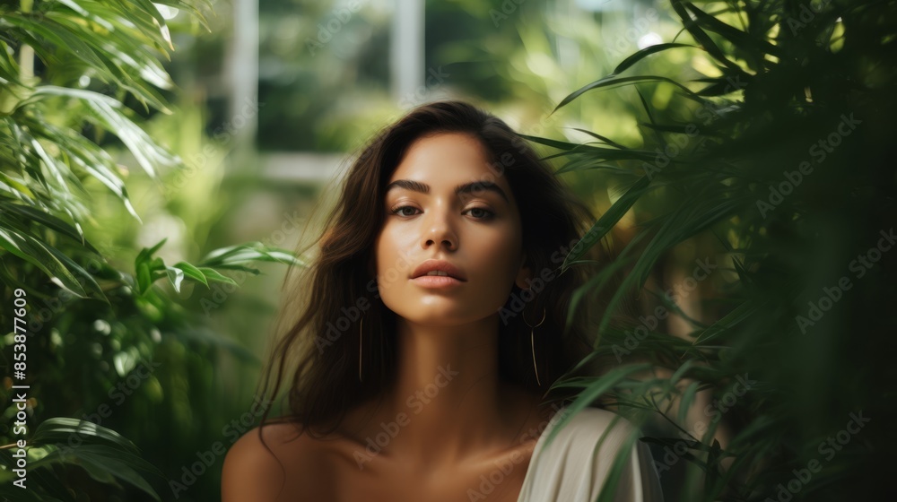 Young woman with long, wavy brown hair and natural makeup standing amidst lush, green plants in a sunlit greenhouse. She wears a light, off-the-shoulder top, exuding elegance and natural beauty Young woman with long, wavy brown hair and natural makeup standing amidst lush, green plants in a sunlit greenhouse. She wears a light, off-the-shoulder top, exuding elegance and natural beauty
