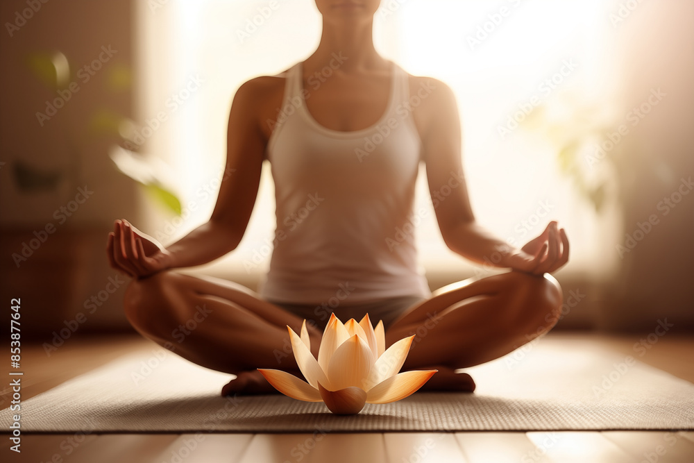 Cropped image of meditating female yogi dressed at home. Generative AI Cropped image of meditating female yogi dressed at home. Generative AI