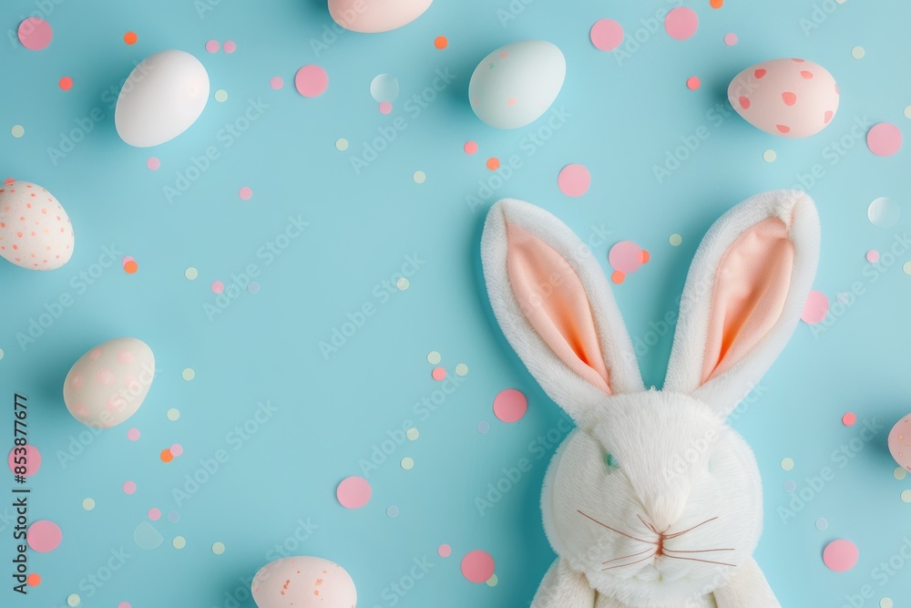 Detailed top view of white, pink, blue, and yellow eggs on a pastel blue isolated background with copyspace. Detailed top view of white, pink, blue, and yellow eggs on a pastel blue isolated background with copyspace.