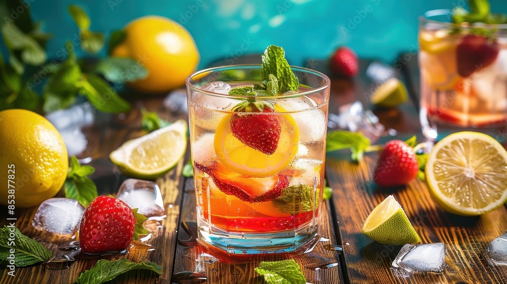 Sparkling beverage in a glass with strawberries, lemon slice, and mint leaves, surrounded by ice Sparkling beverage in a glass with strawberries, lemon slice, and mint leaves, surrounded by ice