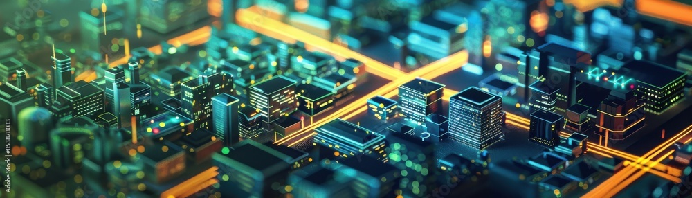 Obraz premium Aerial view of a futuristic cityscape with glowing neon lights and intricate, vibrant details, depicting advanced technology and innovation.