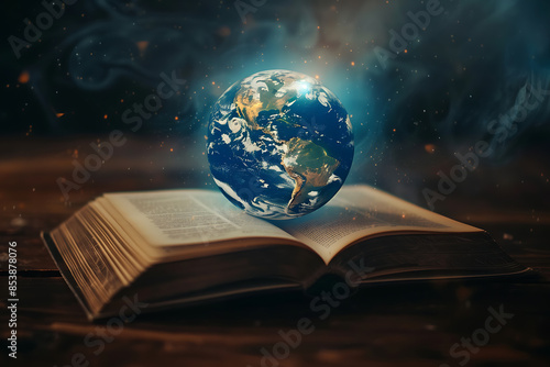 The light from inside the book illuminates the planet Earth, symbolizing knowledge enlightening the world. © Helen