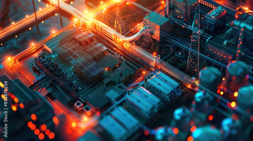 Obraz premium Aerial view of a futuristic industrial facility with glowing neon lights, highlighting interconnected structures and advanced technology.